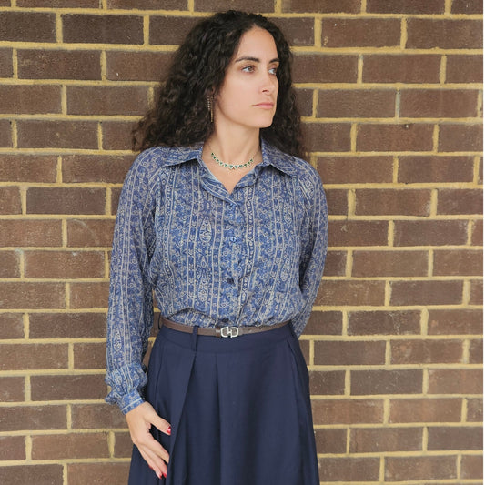 Navy Lurex Printed Blouse Raglan Sleeves