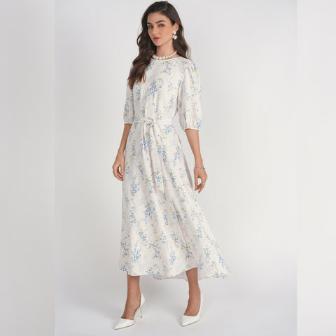 Smocked Shoulder Dress White Floral