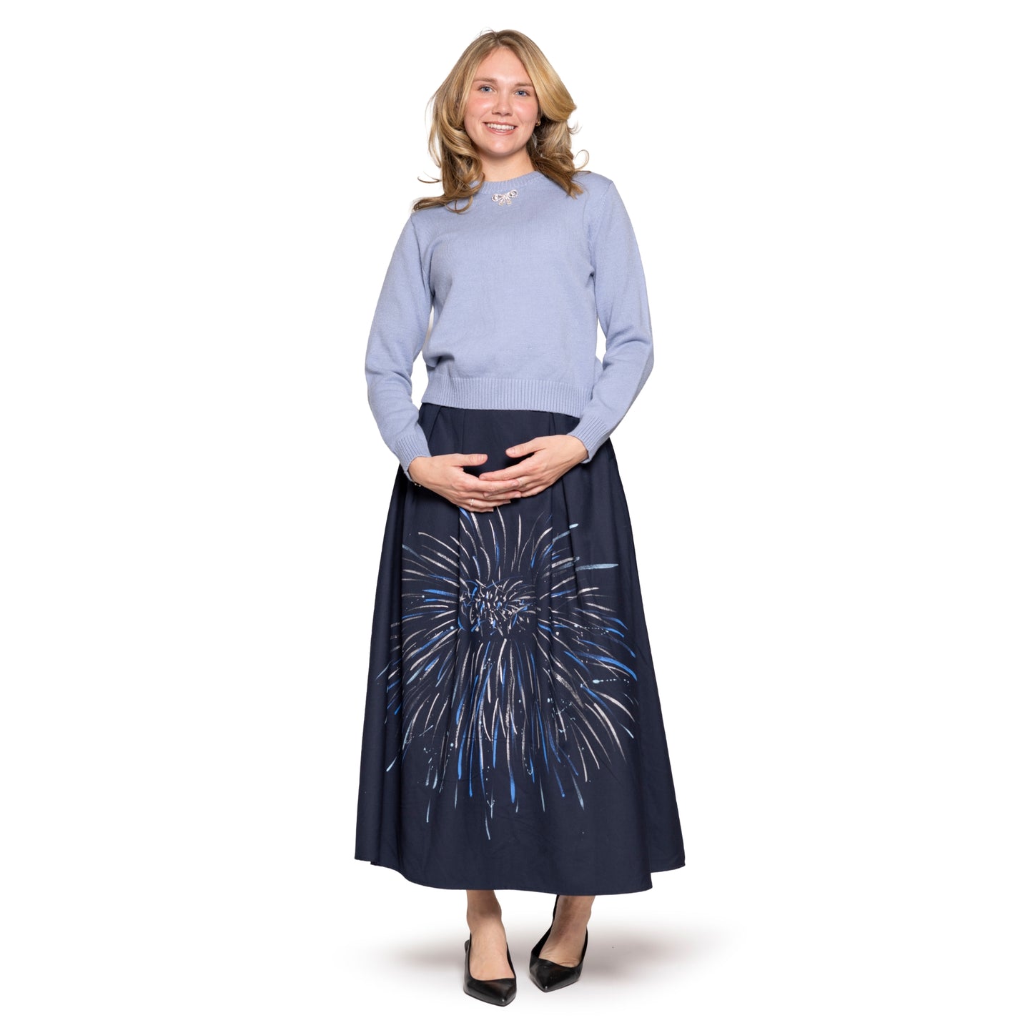 Navy Belted Lightly Pleated Skirt
