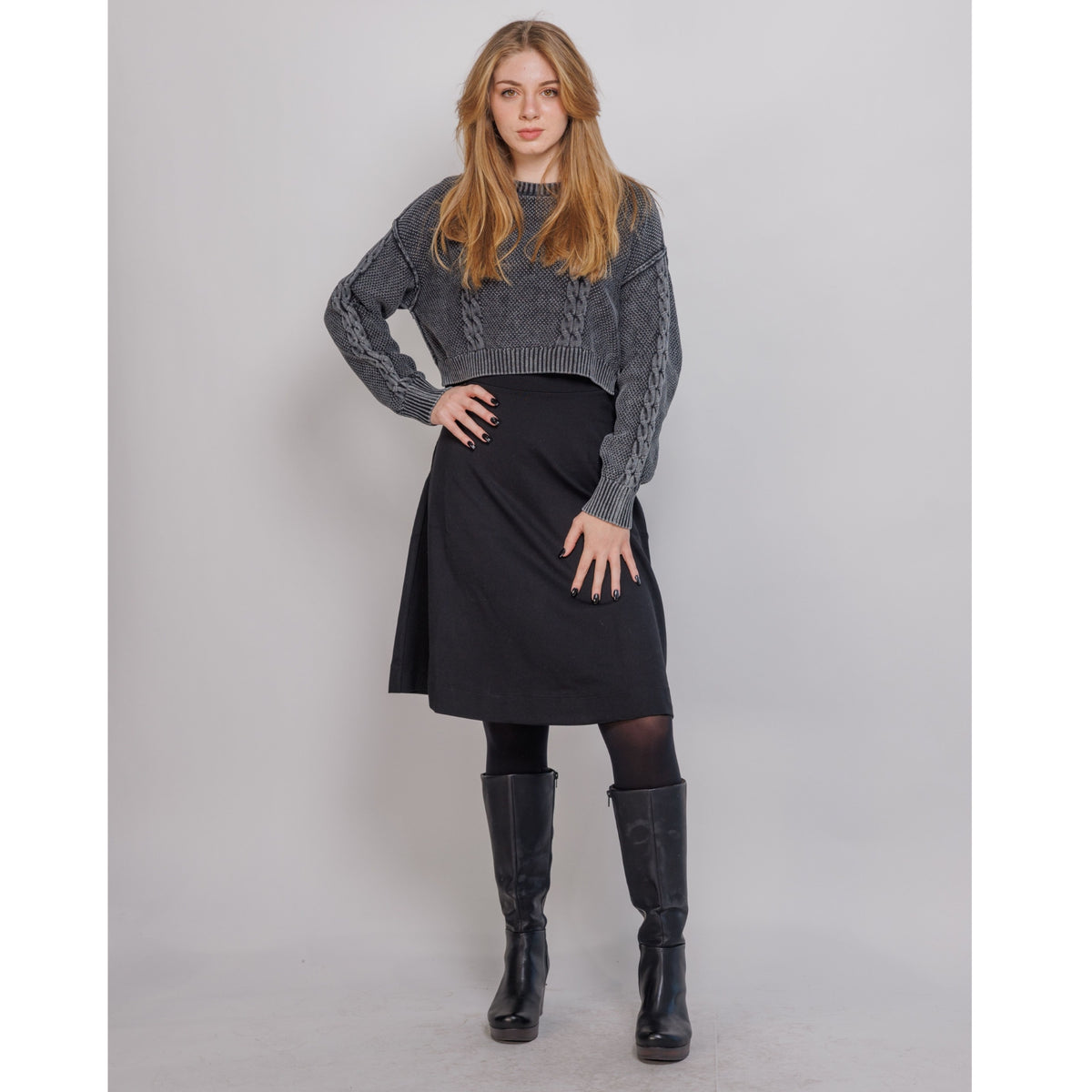 Acid Wash Cable Start Sweater Black