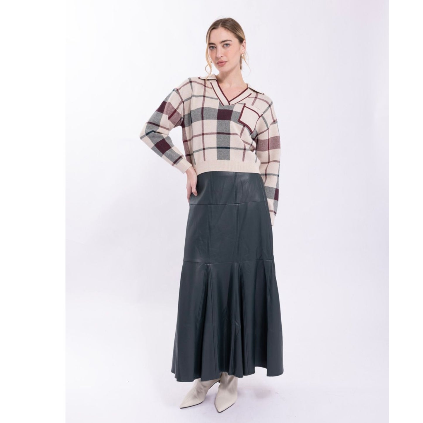 Paneled Leather Skirt Green