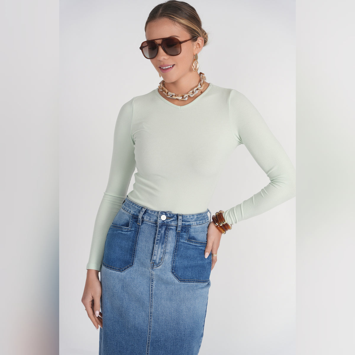 Mint L/S V-Neck Tee Adina LV - The Mimi Boutique