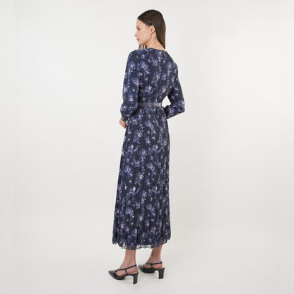 Henny Pleated Belted Dress Navy/Purple