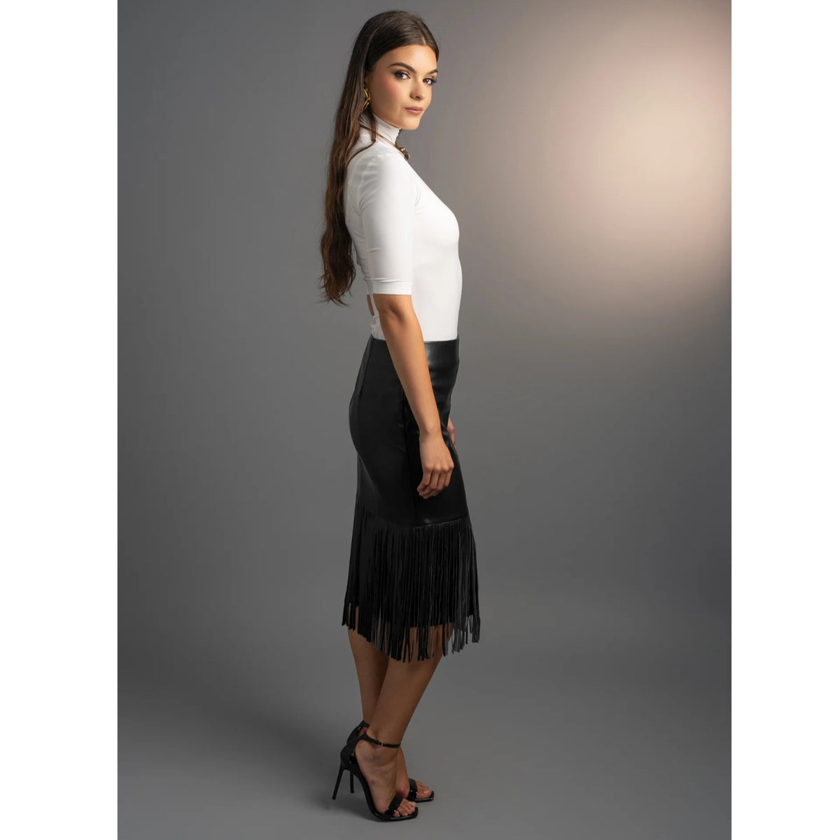 Black Stone Belle Fringe Leather Skirt