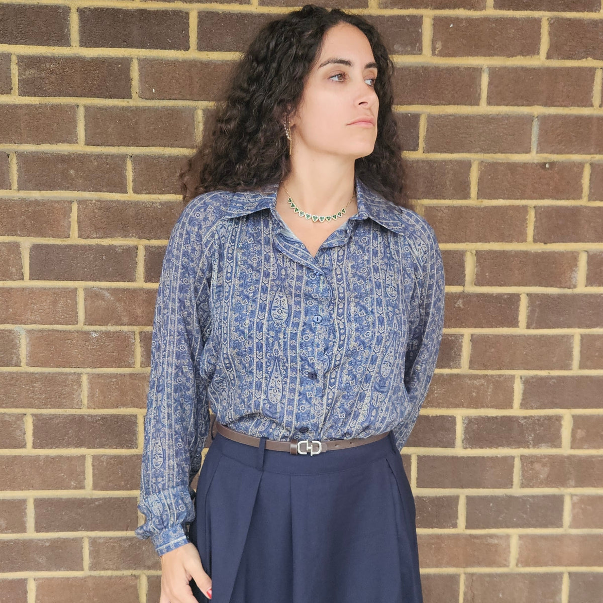 Navy Lurex Printed Blouse Raglan Sleeves