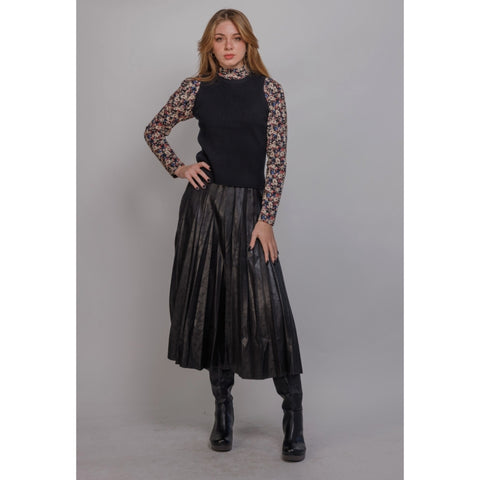 Midi Black Messy Pleated Crackle Leather Skirt