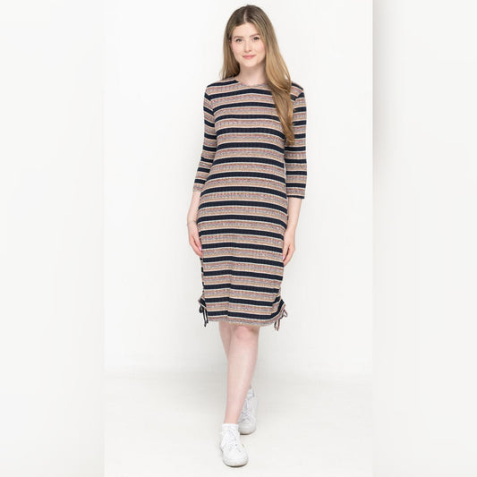 Rib Side Ruched Dress Navy Space Dye Stripes