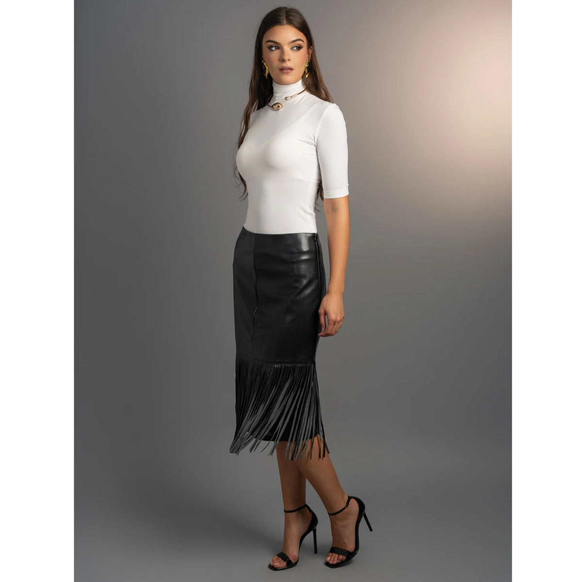 Black Stone Belle Fringe Leather Skirt