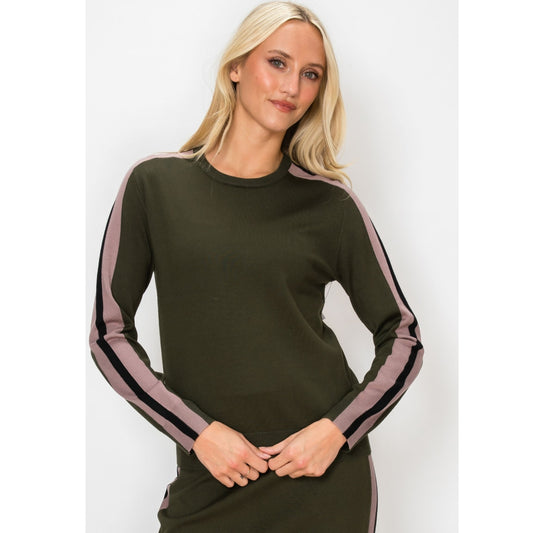 Olive Stripe Sleeve Sweater Yal