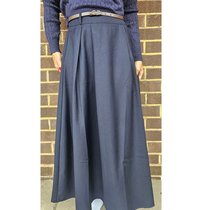 Navy Belted Lightly Pleated Skirt