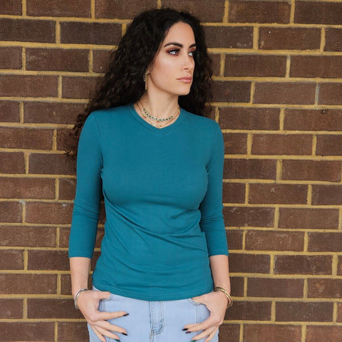 Turquoise V Neck Microribbed Tshirt