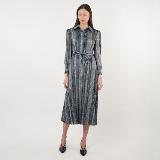 Blue/Grey Stripe Belted Dress