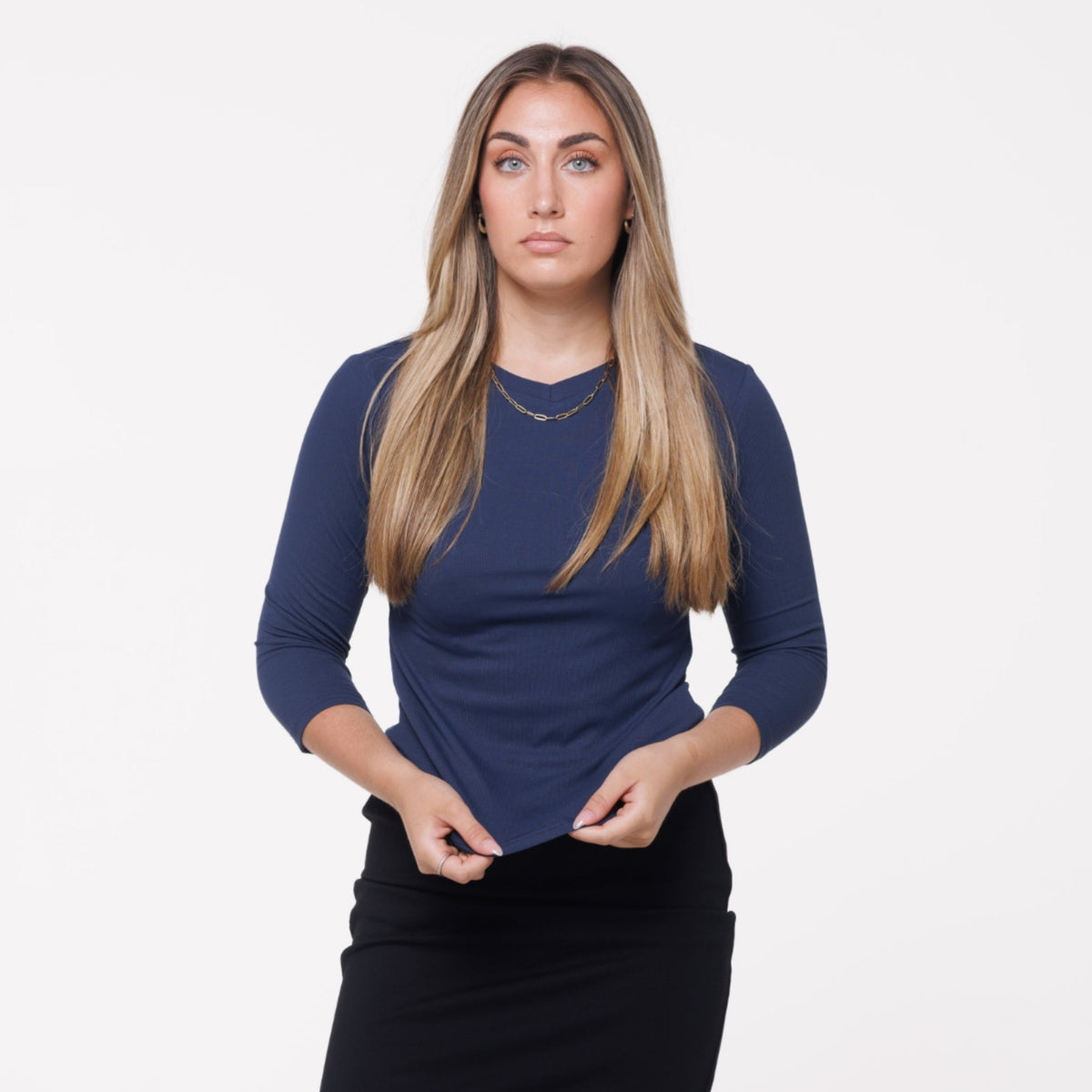 Navy V Neck Microribbed Tshirt