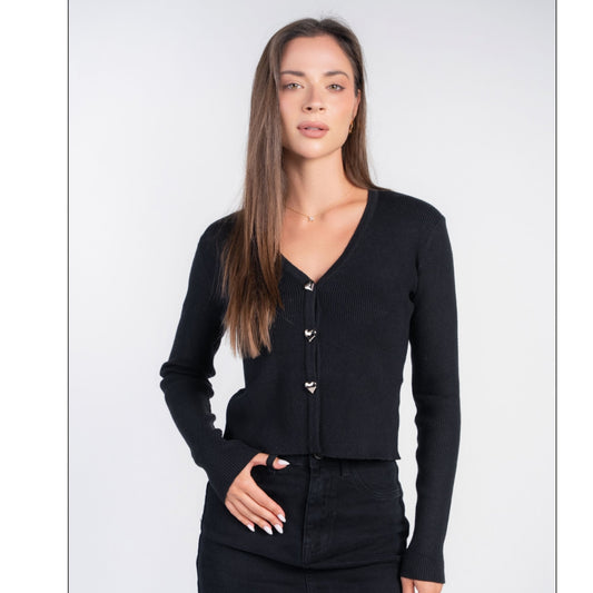 Black V-Neck Cardi With Heart Buttons