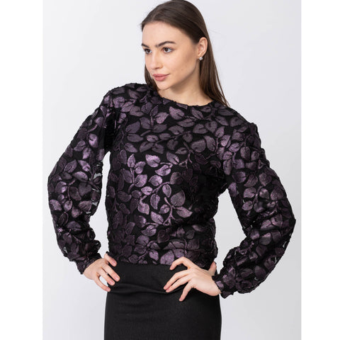 Puffy Sleeve Crop Top Purple Leaves