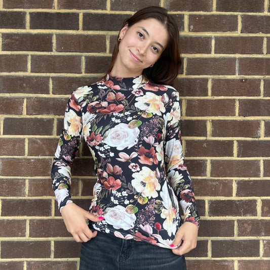 Black Floral Ribbed Mock Neck