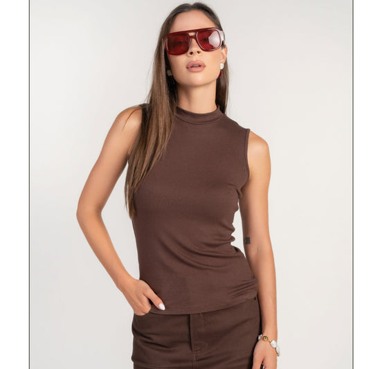 Mock Neck Sleeveless Tee Chocolate