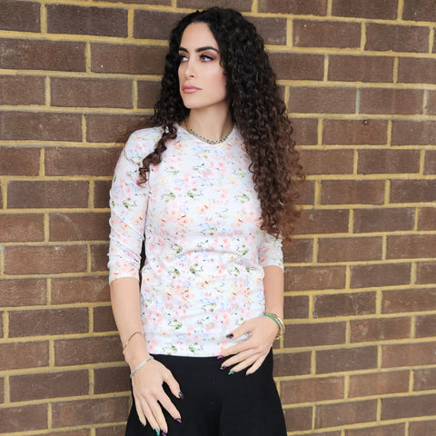 Water Color Floral Pink Multi Microribbed V neck Tee