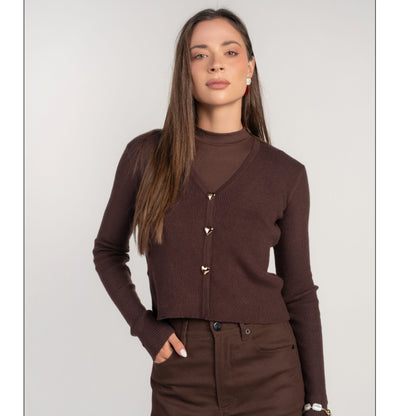 Chocolate V-Neck Cardi With Heart Buttons