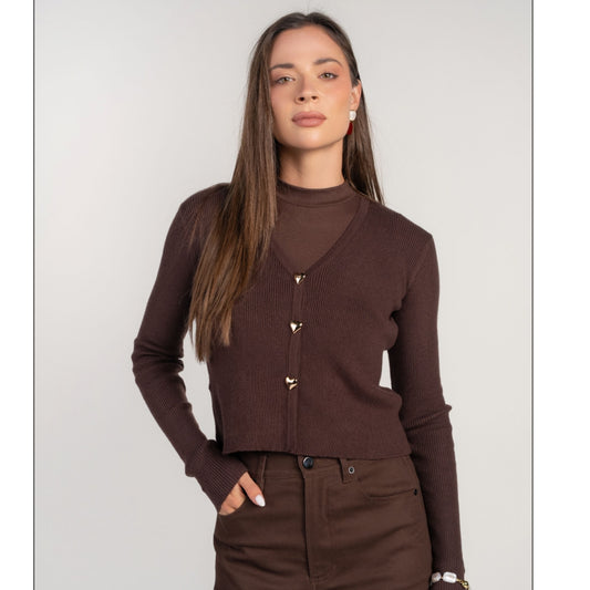Chocolate V-Neck Cardi With Heart Buttons