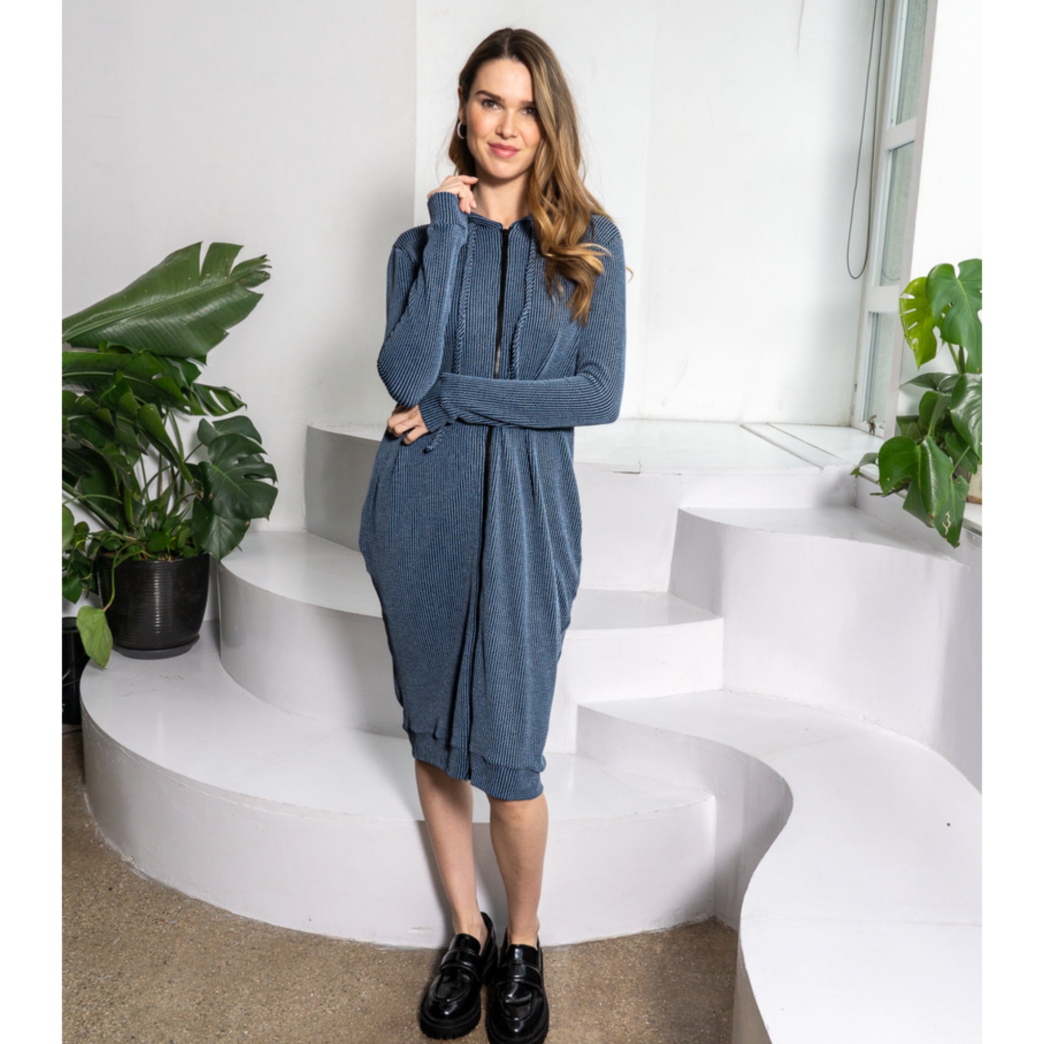 Denim Blue Carrie Ribbed Hoodie Dress Denim Blue Carrie Ribbed Hoodie Dress