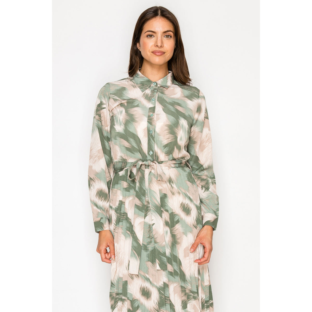 Green Soft Floral Pleated Dress