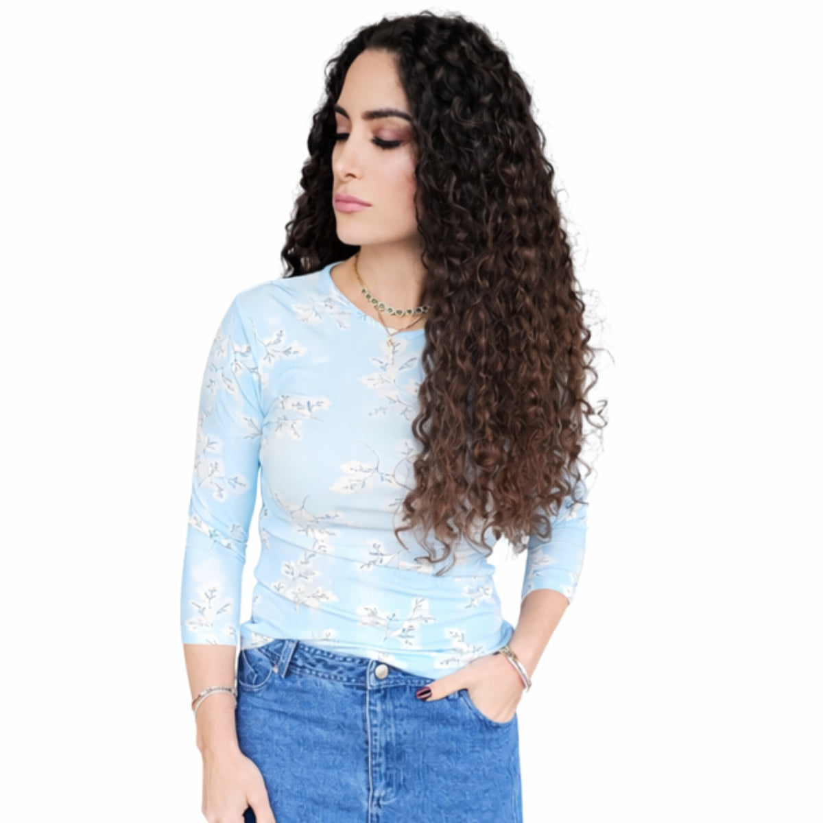 Aqua Branches Microribbed V neck Tee