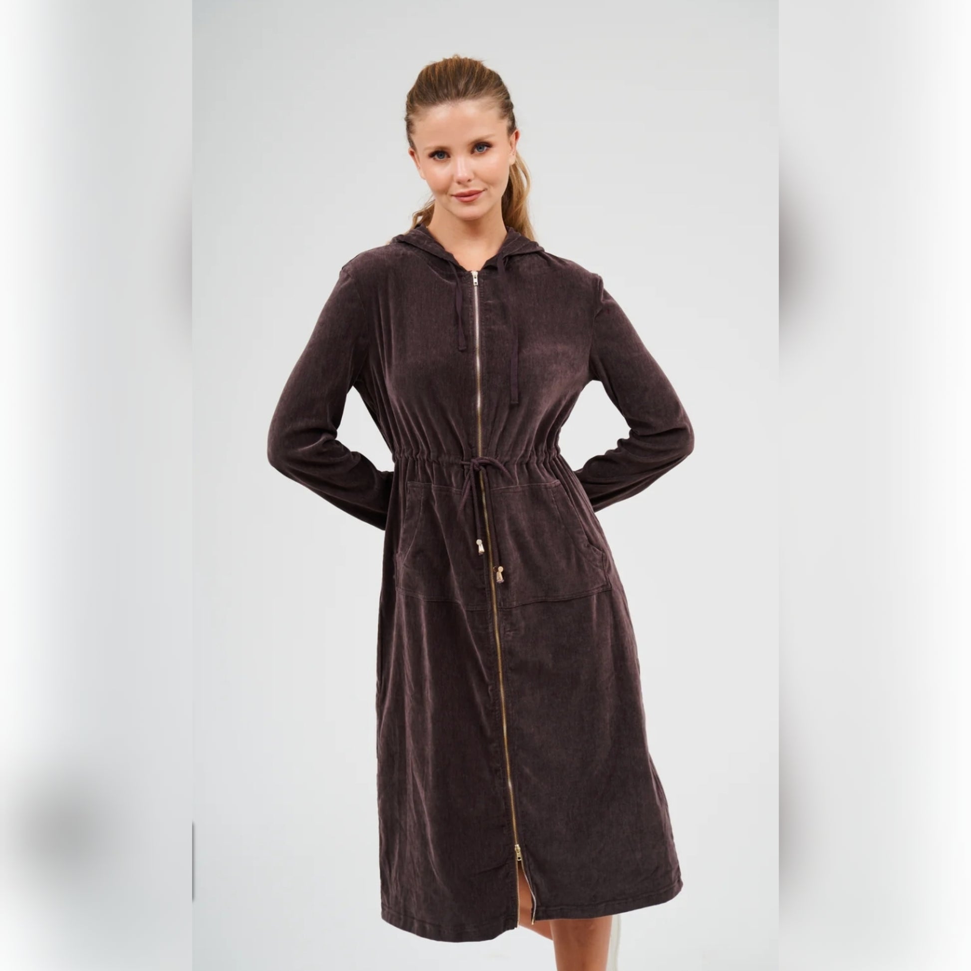 hoodie dress maxi length Long Chocolate DF spring knit dress green fairy dress Ideal for both casual Cores:Mate Brown