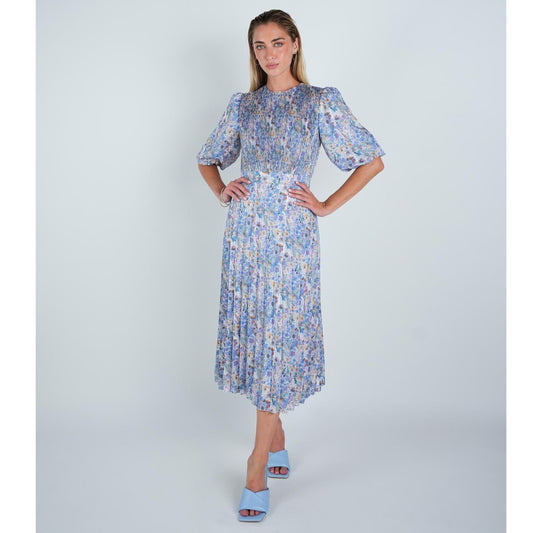 Blue Confetti Floral Pleated Dress - The Mimi Boutique