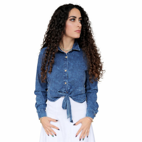 Blue Acid Wash Tie Front Blouse