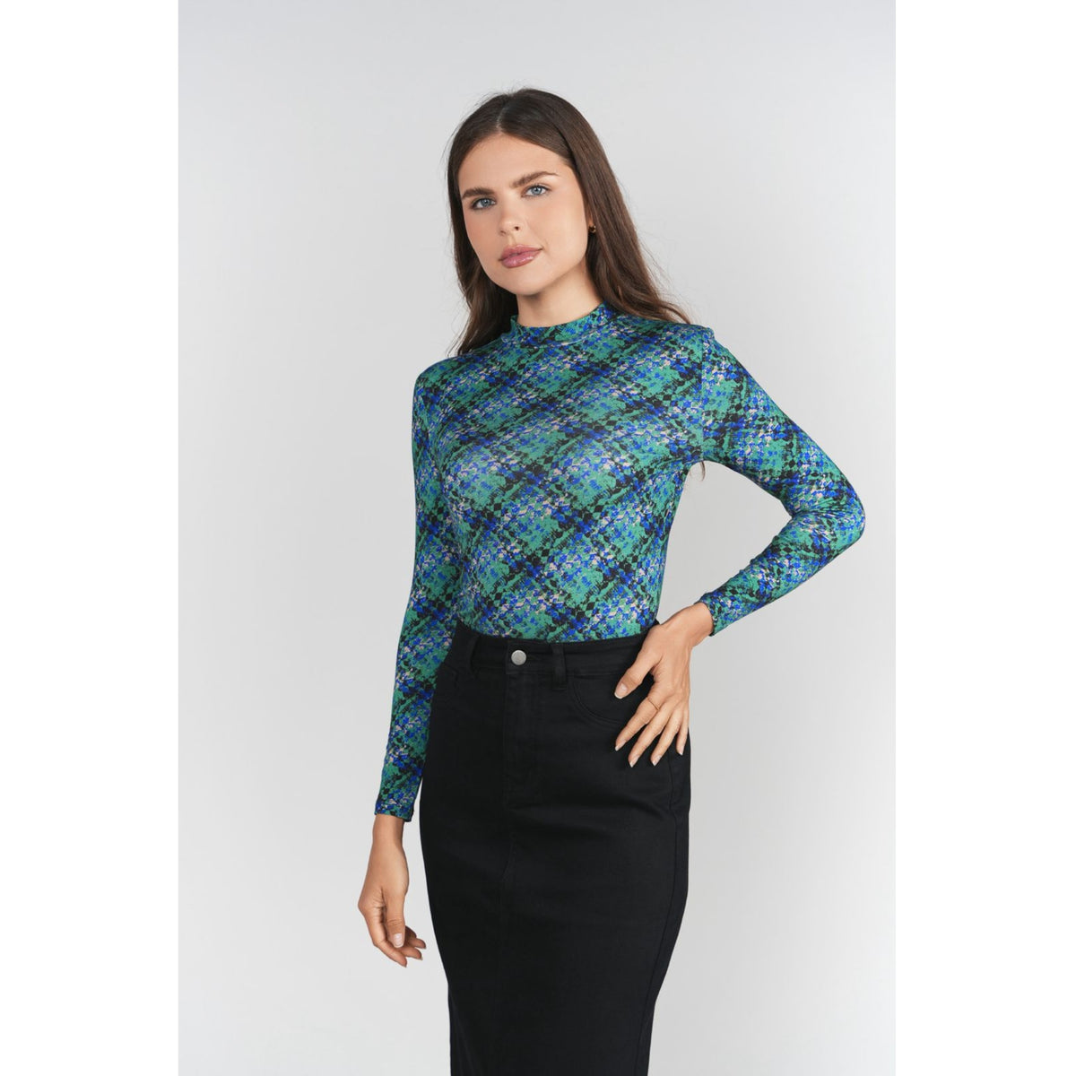 Abstract Plaid Printed Mock Neck Adina LV - The Mimi Boutique