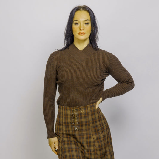 Heathered Brown V Neck Short Sweater