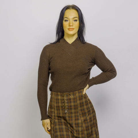 Heathered Brown V Neck Short Sweater