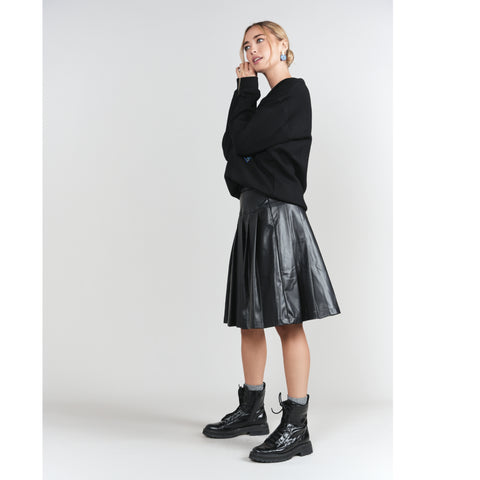 Black Drop Waist Leather Pleated  Skirt Adina LV