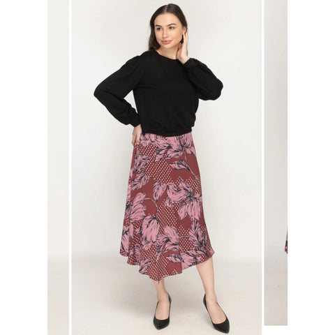 Satin Asymmetrical Floral Skirt