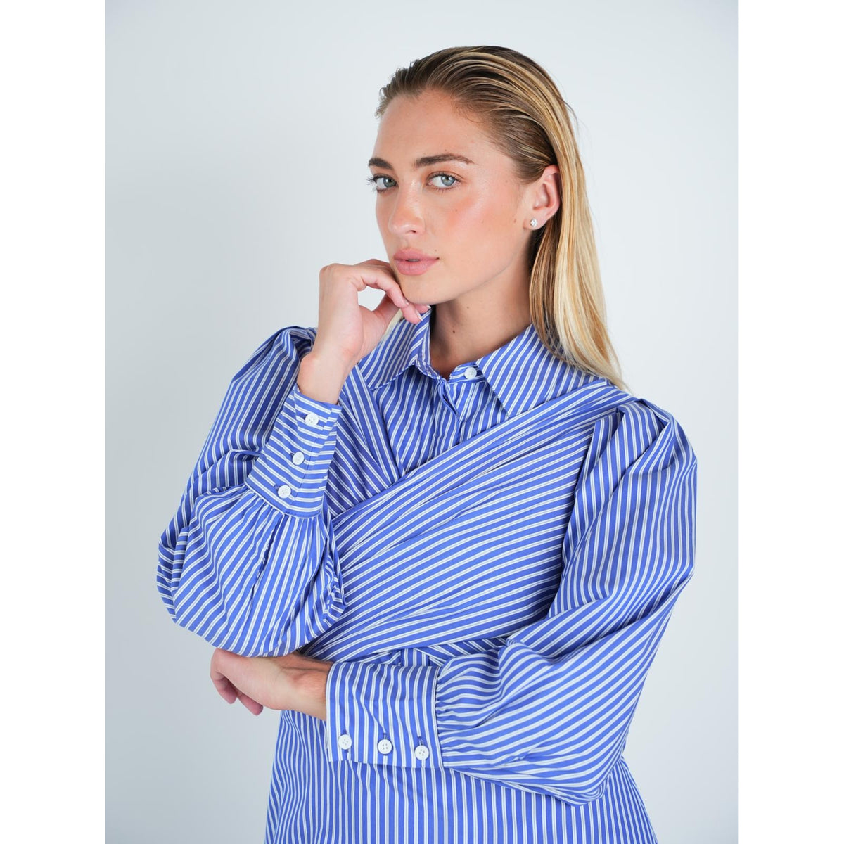 Blue Stripe Mock Wrap Dress - The Mimi Boutique