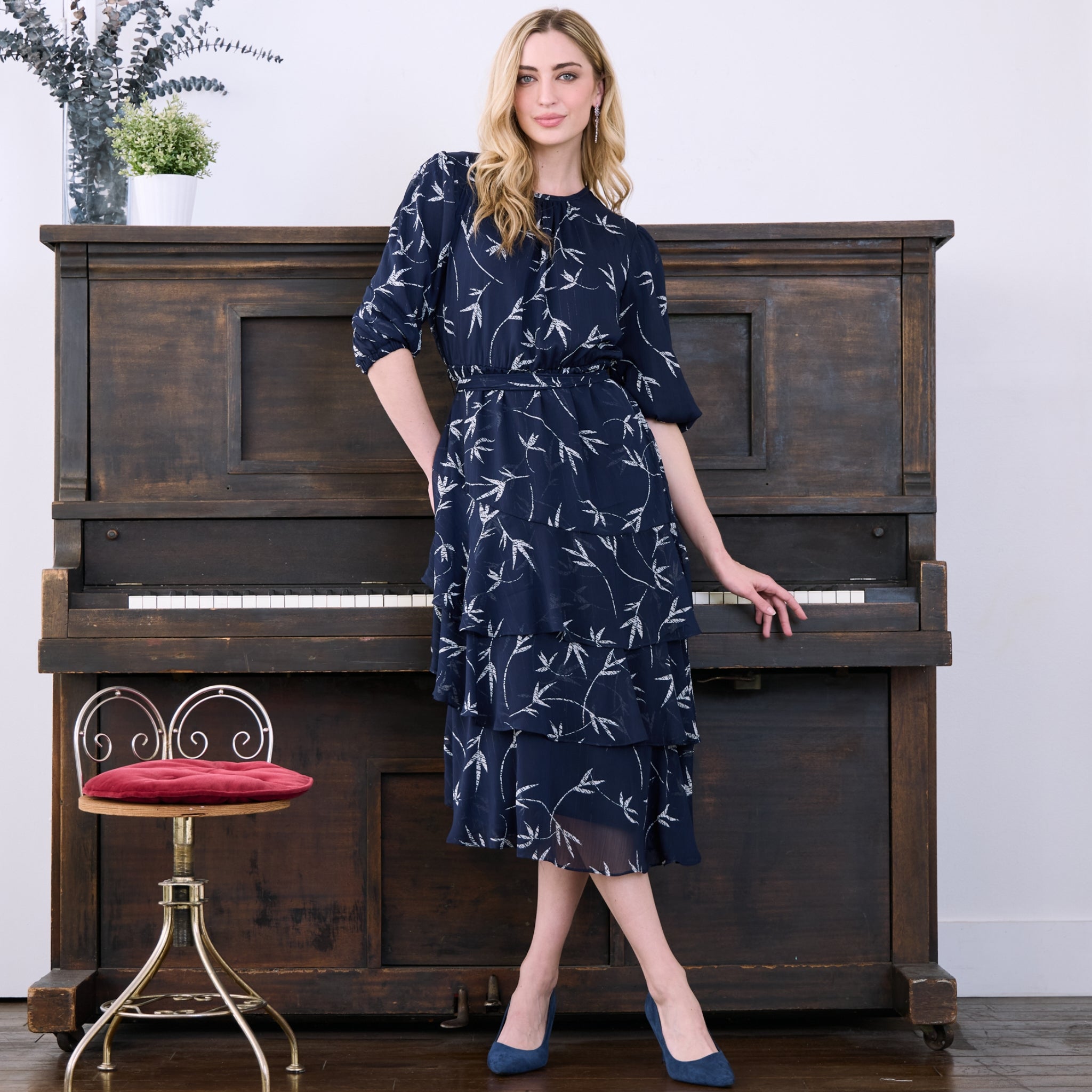 navy blue layered dress Navy Tiered Lace Floral Gown | Liylah