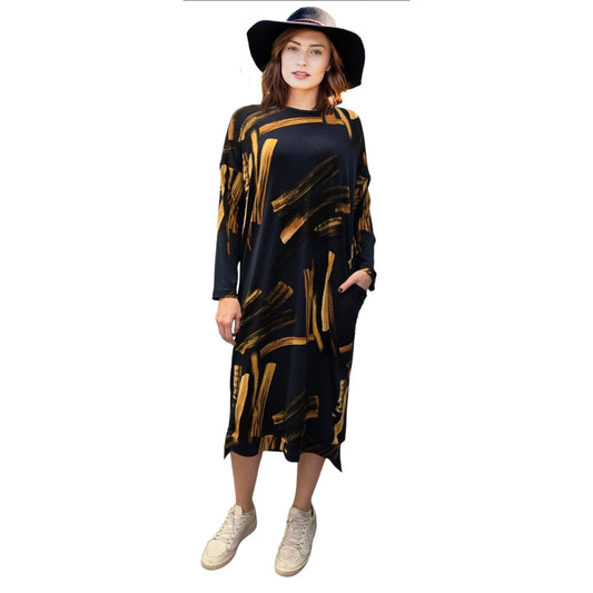 Navy & Golden Paint Stroke Dolman Dress