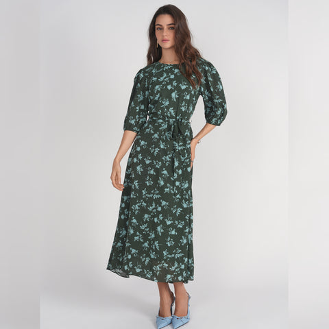 Smocked Shoulder Dress Green Floral