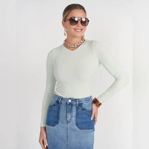 Mint L/S V-Neck Tee Adina LV - The Mimi Boutique
