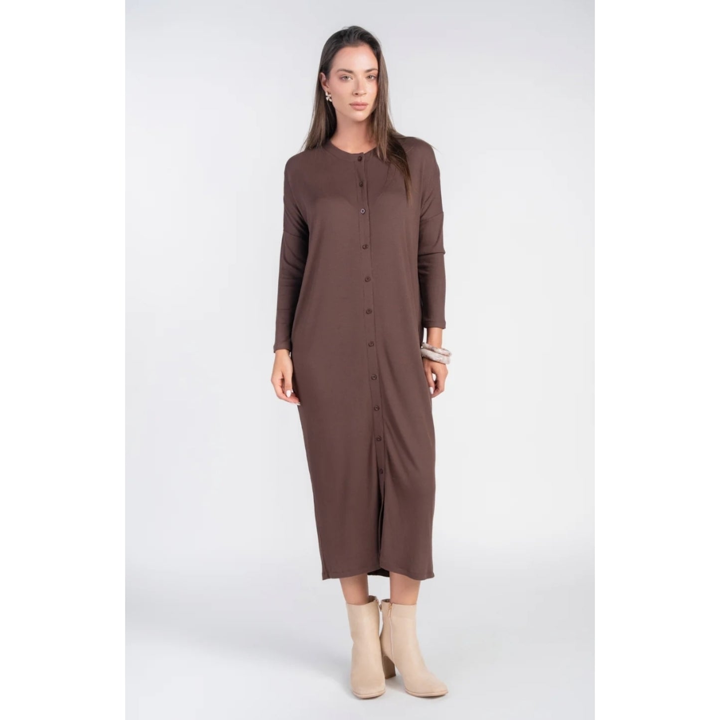 Chocolate Brown Dolman Sleeve Dress With Buttons Adina LV