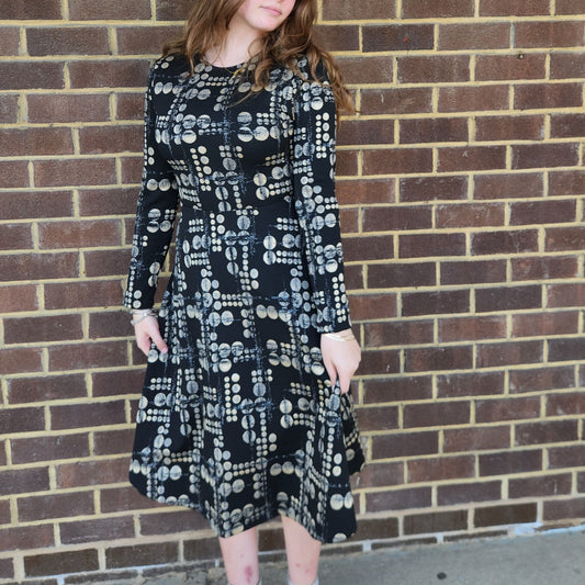 Gold Shimmer Circle Print Fit n Flare Dress - The Mimi Boutique