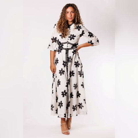 Large Floral Ivory Lace Trim Dress