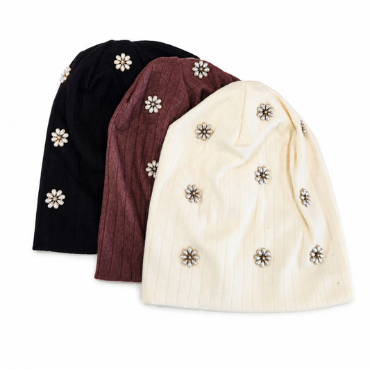 Scattered Pearl Flowers Beanie Dacee