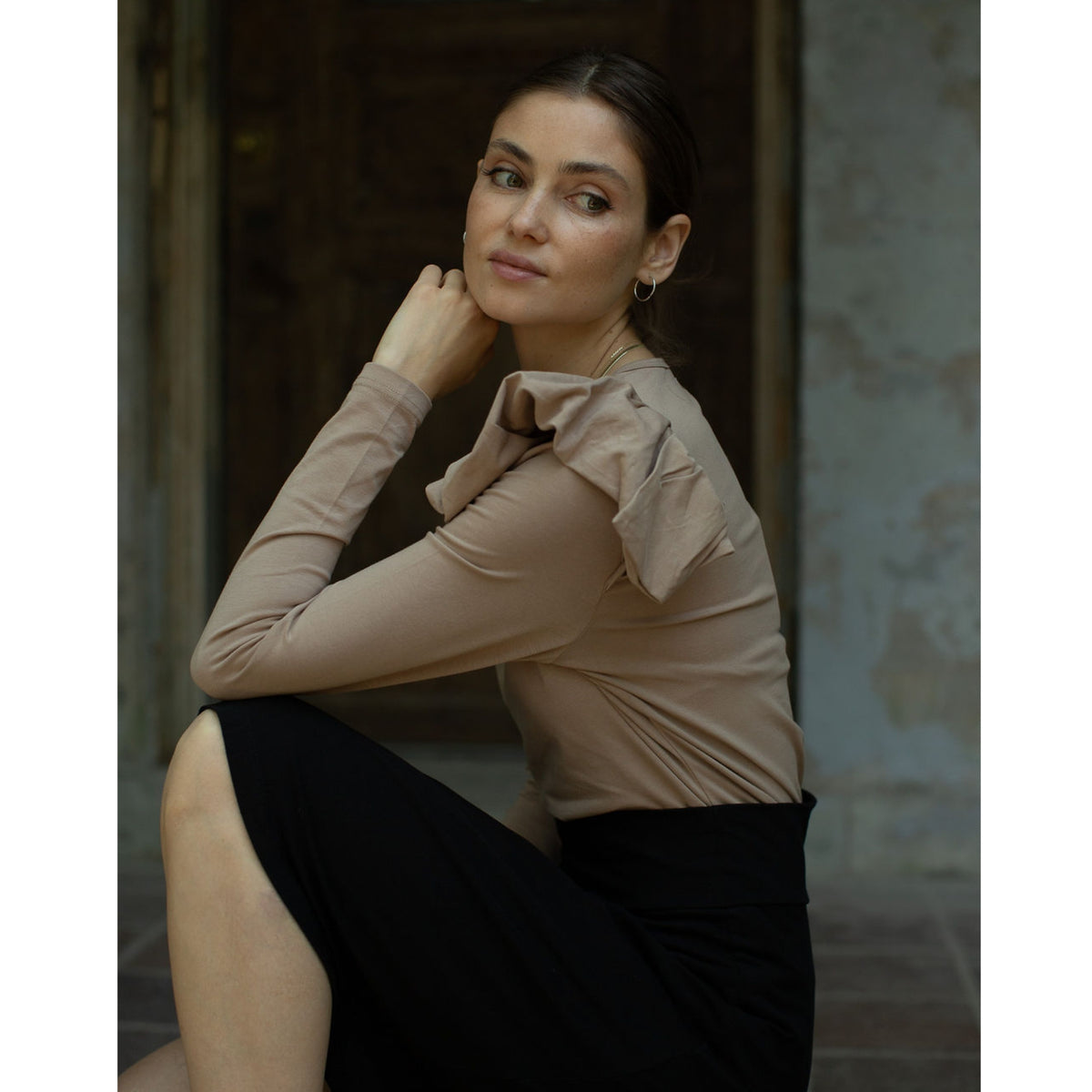 Mink Taupe Ruffle Shoulder Tee by Adina LV