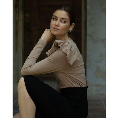 Mink Taupe Ruffle Shoulder Tee by Adina LV