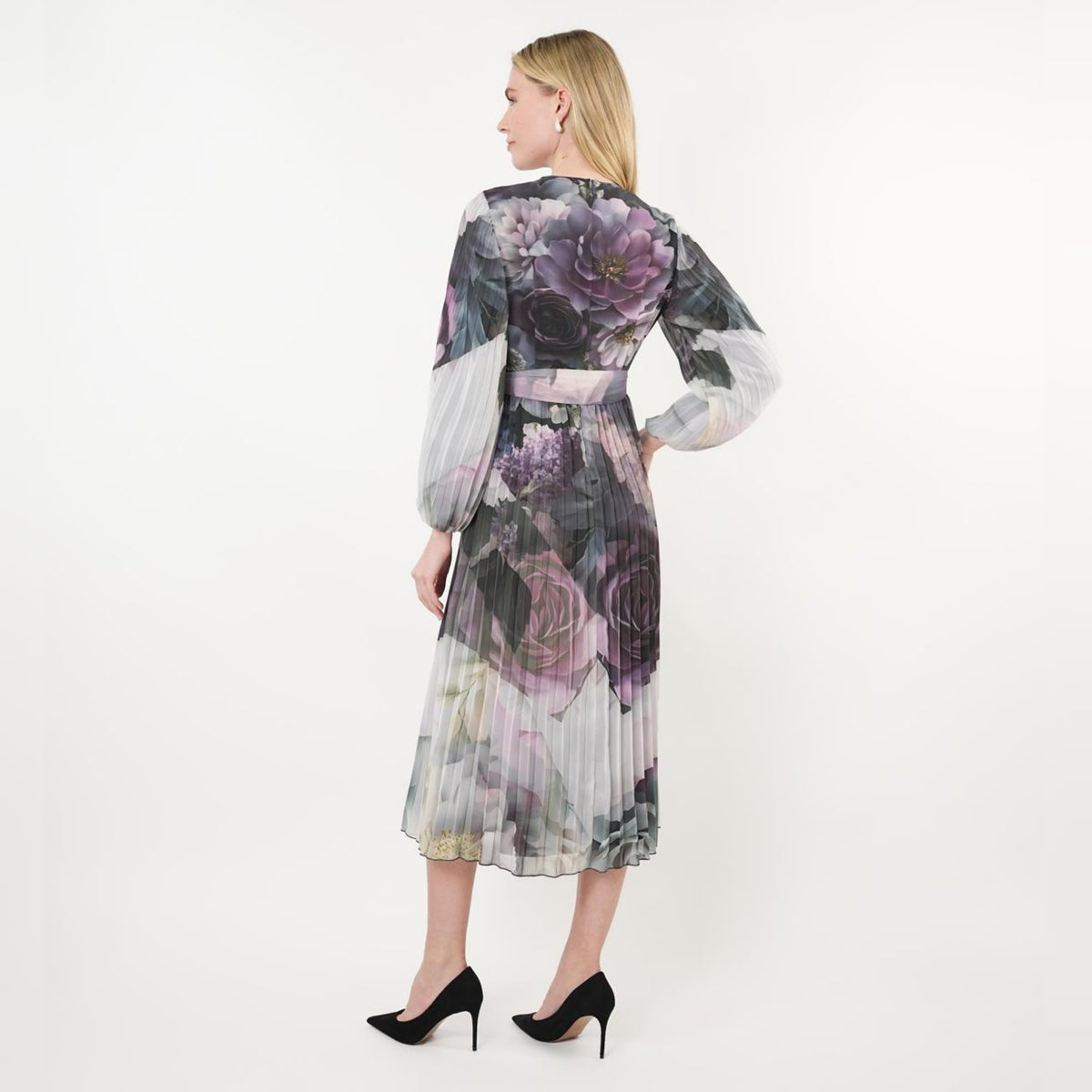 Perl Pleated Chiffon Floral Belted Dress
