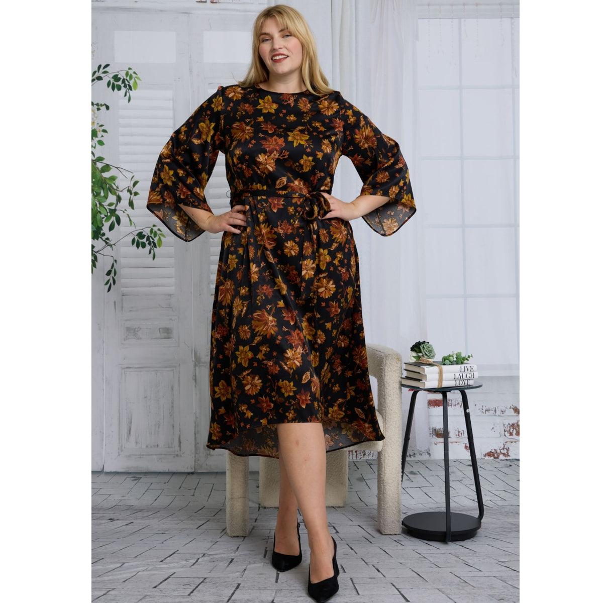 Plus Freya Dress Mustard Floral