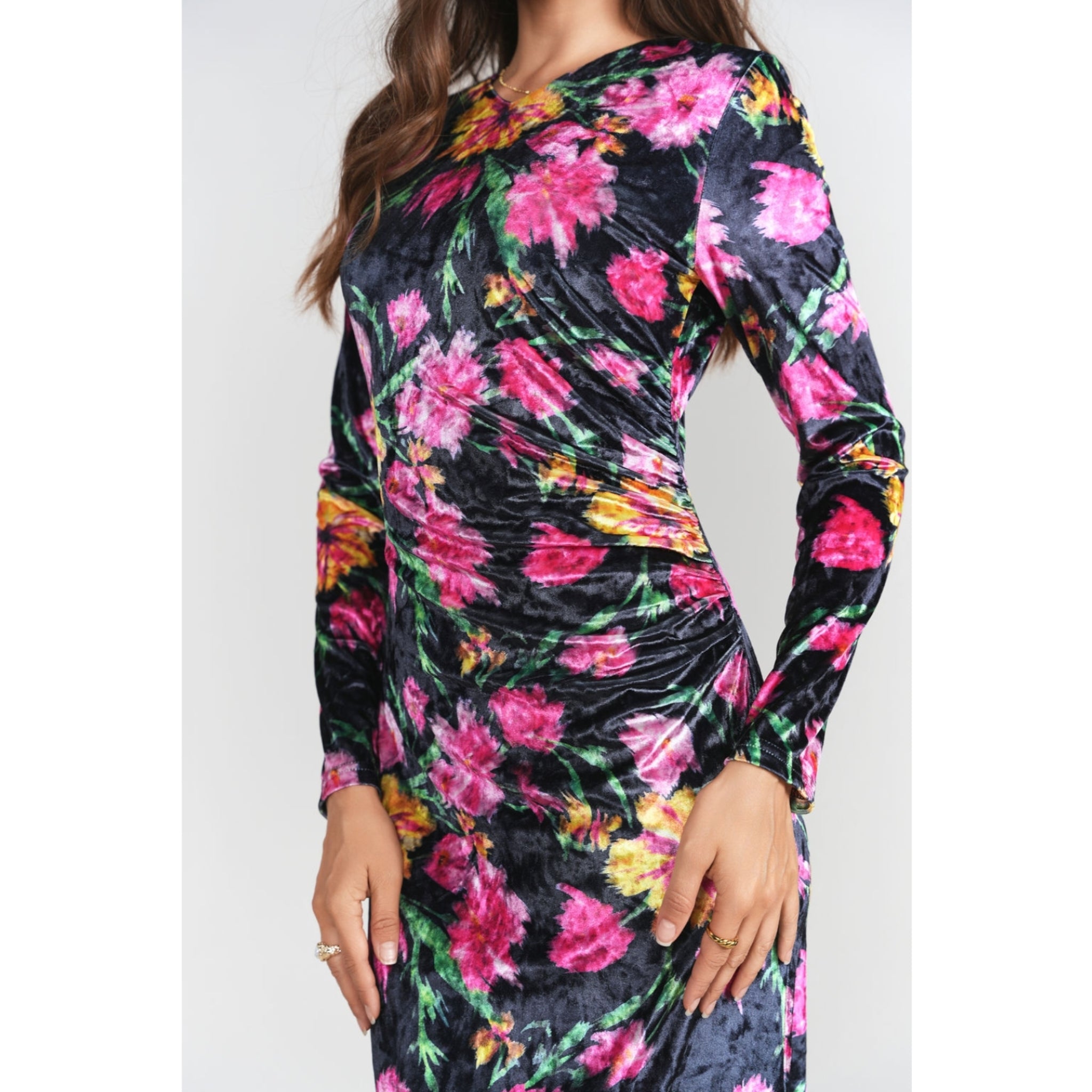Side Ruched Velvet Dress Winter Blossom Side Ruched Velvet Dress Winter Blossom