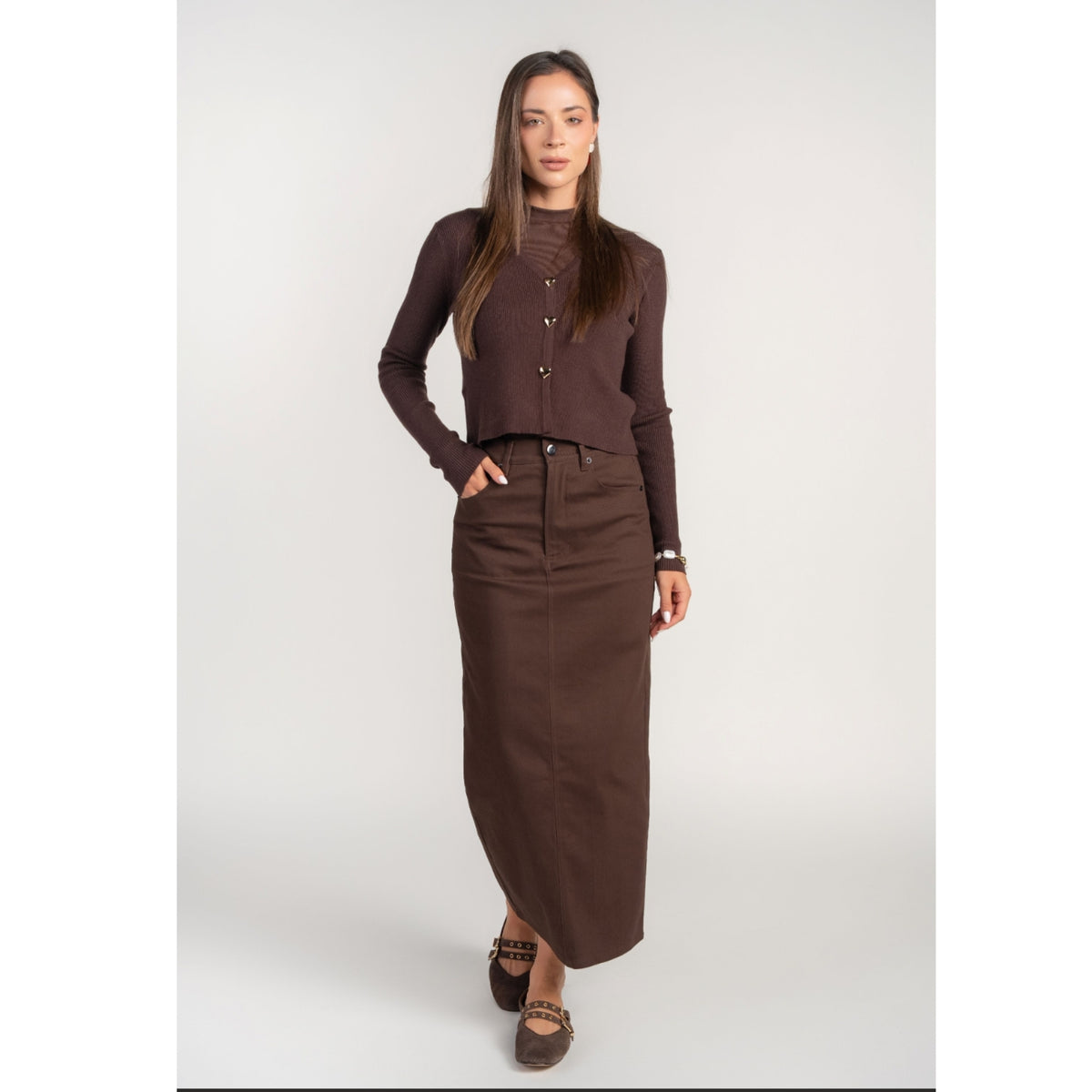 Chocolate V-Neck Cardi With Heart Buttons